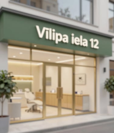An exterior or lobby shot of a modern dental clinic at Vīlipa iela 12, Riga. The design is clean and professional with a cozy, family-friendly vibe. Subtle gold (#C09C63) and olive (#6B7A51) details are visible in the decor.