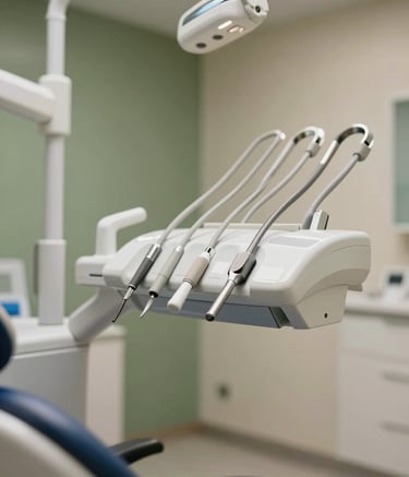 A close-up, high-quality medical photograph of modern dental equipment in a bright, renovated clinic room. The walls have subtle olive green (#6B7A51) accents. The lighting is warm and natural, creating a welcoming and trustworthy atmosphere.
