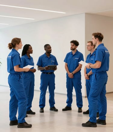 Ein Team von Reinigungskräften in professioneller blauer Kleidung, die sich in einem hellen, modernen Foyer in Deutschland unterhalten. Die Szene strahlt Professionalität, Teamgeist und Vertrauenswürdigkeit aus. Helle, minimalistische Architektur.