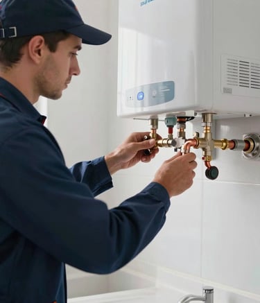 A professional technician in a navy blue uniform installing a modern water heating system in a Brazilian laundry room. The lighting is bright and natural, highlighting the clean copper connections and stainless steel appliance. Professional and secure atmosphere.