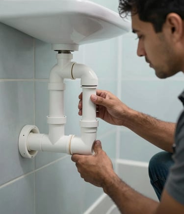 A professional South American plumber working on a bathroom installation, precisely fitting white PVC pipes. The environment is clean and modern with soft daylight. Palette includes light blue and charcoal grey.