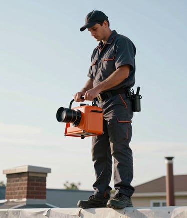 A professional chimney sweep in a clean uniform standing on a North American rooftop. They are holding professional equipment against a bright, clear sky. Modern efficiency, clean aesthetic, with hints of Burnt Orange on the gear.