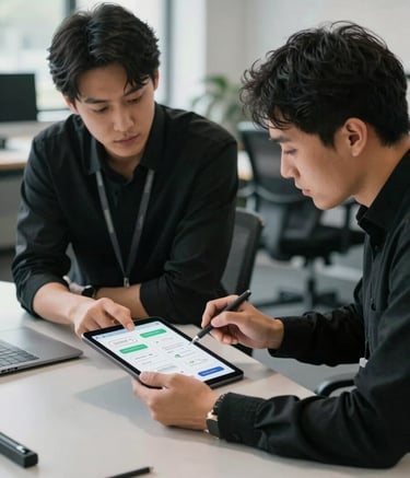 A collaborative meeting in a contemporary North American tech studio. Two professionals are reviewing mobile app wireframes on a tablet. The lighting is bright and natural, reflecting an efficient and forward-thinking corporate culture with deep black and light gray tones.