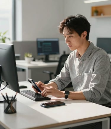 A professional software engineer in a modern, sunlit North American office, working with high-performance mobile devices on a clean desk. The atmosphere is innovative and trustworthy, with subtle amber accents in the decor and a bright, gray-and-white color palette.