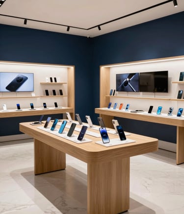 A professional wide-angle photograph of the interior of a high-end mobile technology boutique in a modern Middle Eastern city. The design is minimalist with white marble floors and dark blue accents. Sophisticated display tables showcase the latest smartphones under warm, focused lighting.