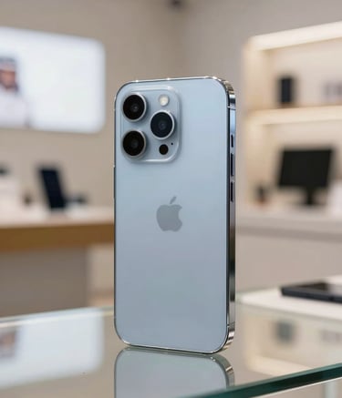 A close-up photograph of a premium, sleek smartphone with a metallic frame reflecting soft white and dark blue studio lighting. The device is placed on a polished glass surface in a modern retail showroom in the Middle Eastern Gulf region, with a blurred background showing elegant shelving.