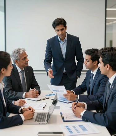 A diverse group of professional South Asian / Indian business leaders in a modern corporate boardroom analyzing data and discussing strategy, natural lighting, deep navy and white office accents.