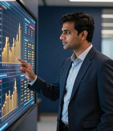 A confident South Asian / Indian executive analyzing a futuristic digital display featuring gold charts and data visualizations, set against a deep navy corporate office background.