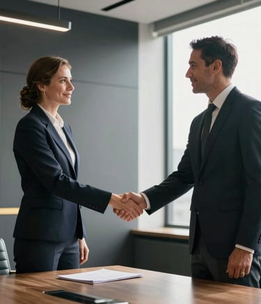 Two South African business partners shaking hands in a modern Sandton boardroom, dark grey and gold accents, professional corporate style, soft sunlight through window.