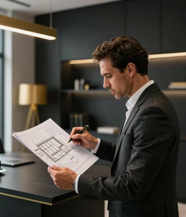 A professional South African consultant in a minimalist office with black and gold decor, reviewing architectural plans, luxury lighting, sharp focus.