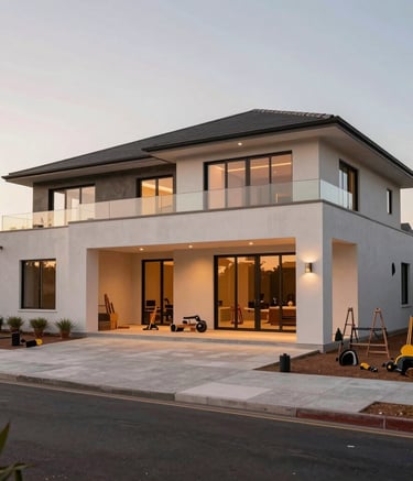 A wide-angle architectural shot of a luxury South African home under renovation, sunset lighting, professional photography, clean lines, construction tools visible.