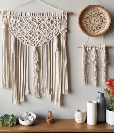 Close-up of hands weaving a delicate bohemian macrame wall hanging