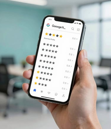 A close-up of a professional person holding a smartphone showing a 5-star Google Business Profile with many positive reviews. The background is a bright, modern office with soft teal accents (#3D798C). The image style is clean, professional, and optimistic.