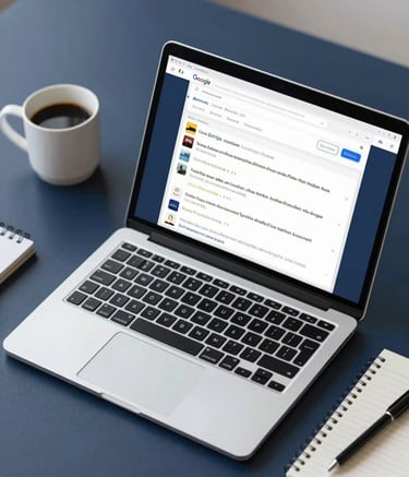 A top-down view of a modern desk with a laptop displaying a Google Maps search result page where local businesses are highlighted. Beside the laptop is a cup of coffee and a notebook. The color palette features dark navy (#0A1128) and professional lighting.