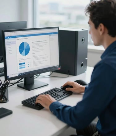 Professional South American / Brazilian office environment focusing on a modern high-tech communication setup on a clean white desk, soft light blue and deep blue accents, natural light.