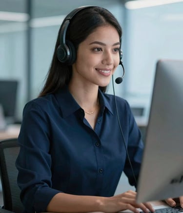A professional South American / Brazilian attendant in a modern office wearing a sleek headset, looking at a computer screen with a friendly and confident expression, deep blue and soft light blue color palette.