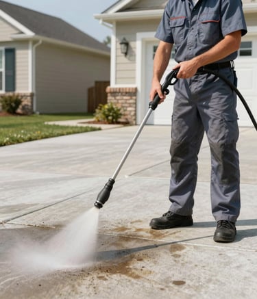 A professional technician using high-pressure washing equipment on a concrete driveway of a North American suburban home. The lighting is bright and clear, emphasizing cleanliness and the efficient removal of stains. The technician wears a clean uniform in slate blue colors.