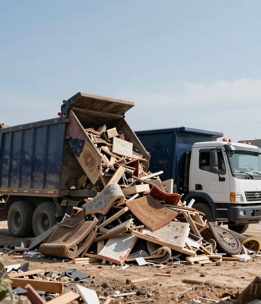 A wide-angle shot of a large pile of construction debris, including old carpet and wood, being efficiently loaded into a professional dark blue dump truck in a North American residential development. Clear daylight, sharp focus on the organized work site.
