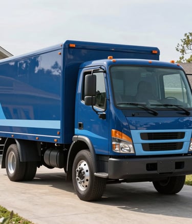 A clean, professional property maintenance truck parked in a tidy North American driveway. The truck is painted in a deep blue and features light blue accents, with a focused composition highlighting reliability and expert service.