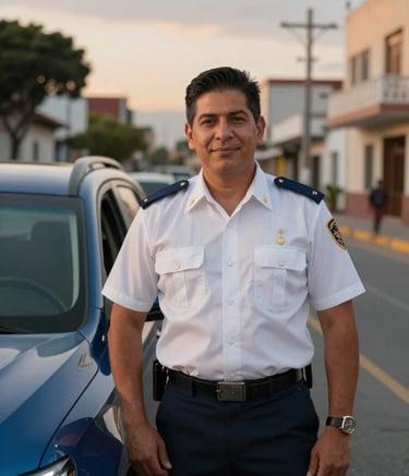Fotografía profesional de un conductor Latinoamericano sonriente y uniformado junto a un vehículo moderno y reluciente en una calle de una ciudad principal. La iluminación es de atardecer cálido, transmitiendo confianza y seguridad. Colores predominantes azul acero y blanco roto.