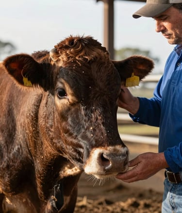 Close-up of a professional cattle breeder inspecting a high-quality Angus bull in a professional South American ranch setting. Focus on the textures of the coat, bright morning light, reflecting expertise and high standards.