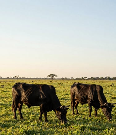 Professional landscape photography of black Angus cattle grazing in a lush green Brazilian pampa pasture. Soft golden hour lighting, clean horizon, South American rural excellence.