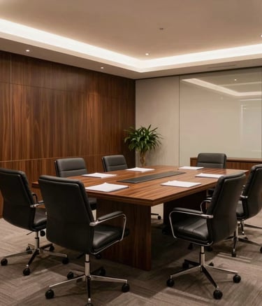 Modern and sophisticated corporate office boardroom in Porto Alegre, Brazil. Clean lines, dark brown wood furniture, warm lighting, professional and authoritative atmosphere for high-level business decisions.