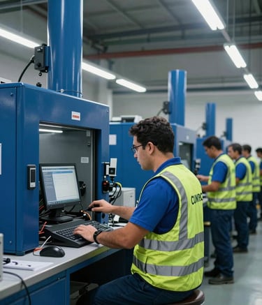 Fotografia de um dep3sito moderno no Brasil, interior limpo com tons de azul ard3sia, funcion3rios com coletes de seguran1a operando equipamentos de log3stica, ilumina13o brilhante e ambiente profissional.