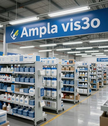 Ampla vis3o de um moderno centro de distribui13o brasileiro com prateleiras organizadas e ilumina13o profissional em tons de azul ard3sia e branco, destacando a efici3ncia e escala da opera13o atacadista.