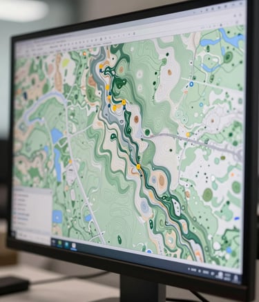 Close-up of a digital topographic map displayed on a high-resolution workstation monitor. The map shows intricate contour lines and geodetic data points. Professional workspace setting with soft lighting, reflecting colors #1A2C2A and #EBF2ED.