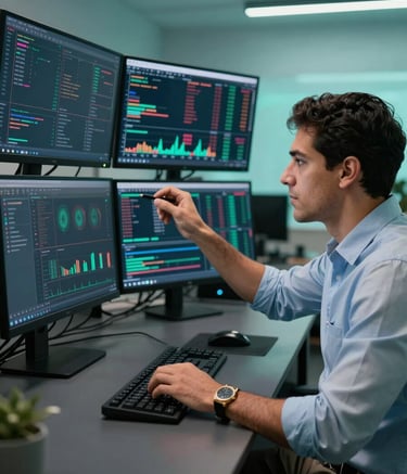 A professional in a modern Latinoamericano / Global Hispanohablante office analyzing crypto market trends on multiple sleek monitors, soft vibrant teal lighting from screens, dark slate gray furniture.
