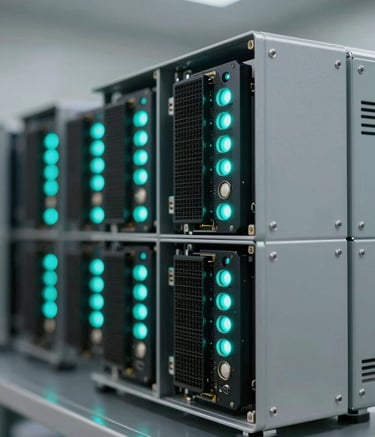 Close-up of high-tech crypto mining hardware in a clean, ventilated facility, glowing vibrant teal indicator lights, soft light gray metallic surfaces, professional atmosphere in a Latinoamericano / Global Hispanohablante technology hub.