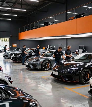 A wide-angle shot of a premium, modern automotive workshop in Brazil. The floor is polished, and the environment is organized with professional mechanics in clean uniforms working on high-end cars. The color palette includes deep black walls and vivid orange accents.