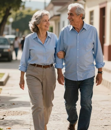 Una pareja de jubilados sonriendo y caminando juntos por un parque soleado en una ciudad de Latinoamerica, vistiendo ropa casual elegante en tonos azul claro, luz natural cálida, composición equilibrada que transmite paz y seguridad financiera.