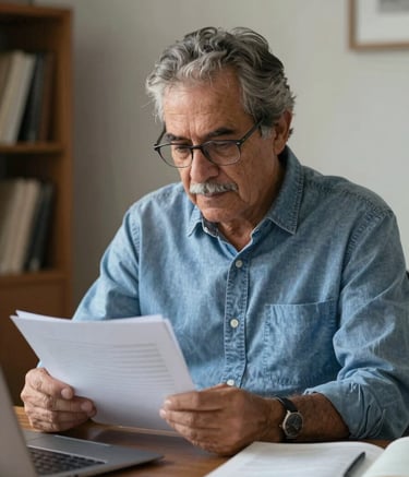 Un hombre mayor de aspecto digno revisando documentos con calma en su escritorio, ambiente de oficina estable y acogedor, tonos azul marino y gris suave, contexto de Latinoamerica.