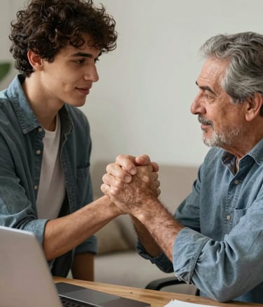 Primer plano de un apretón de manos entre un asesor joven y un hombre mayor en un entorno de oficina hogareño y confiable, luz suave, enfoque en la conexión humana y el compromiso, estilo fotográfico profesional en Latinoamerica.