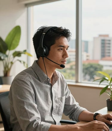 A focused South American professional wearing a sleek modern headset, working in a bright, clean office with large windows overlooking a Brazilian cityscape. The lighting is warm and natural, highlighting a professional and reliable atmosphere. Palette includes muted green plants and off-white walls.