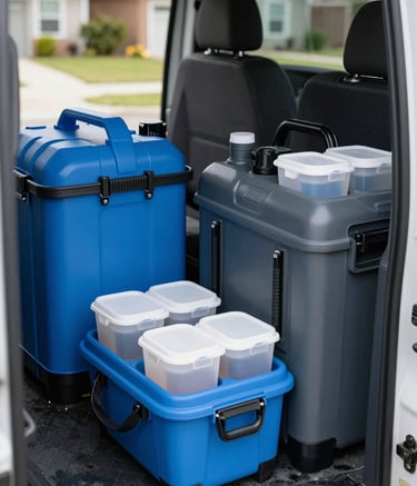 Close-up shot of professional pest control equipment and specialized containers neatly organized in a clean service vehicle. The scene includes bright professional blue and deep charcoal grey accents on the gear. Set in a North American / US suburban environment during broad daylight, emphasizing reliability and efficiency.