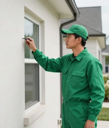 A professional pest control technician in a vibrant leaf green uniform inspecting the exterior perimeter of a modern North American / US residence. The lighting is bright and clear, highlighting a clean, modern aesthetic and the technician's professional demeanor. Vibrant leaf green and soft off-white tones dominate the scene.