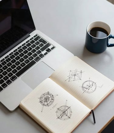 Top-down view of a designer's creative workspace in a North American studio, featuring a modern laptop, a clean paper notebook with wireframe sketches, and a dark blue coffee mug on a light gray surface.
