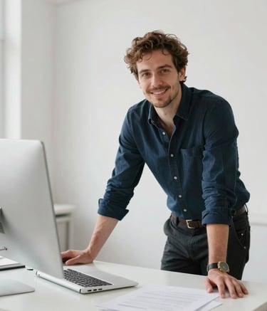 Portrait of a professional designer in a bright, modern North American studio setting, leaning against a clean white desk, professional attire, soft lighting, creative and approachable atmosphere.