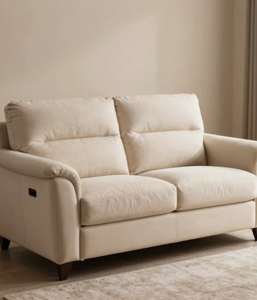 A professionally finished, restored modern sofa in a well-lit South Asian / Indian living room with warm lighting. The sofa features high-quality upholstery in cream and taupe colors, showcasing expert craftsmanship and a clean, luxury aesthetic.