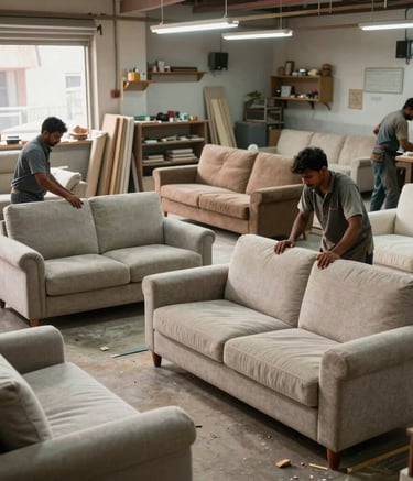 A wide shot of a busy and organized sofa repair workshop in Siliguri. South Asian professional craftsmen are working on various sofas. The environment is clean, professional, and reflects a long-standing heritage of craftsmanship.