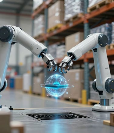 Hands holding a transparent tablet displaying robotics data in blue hues.