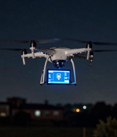 A drone flying over a cityscape at dusk with blue ambient lighting.