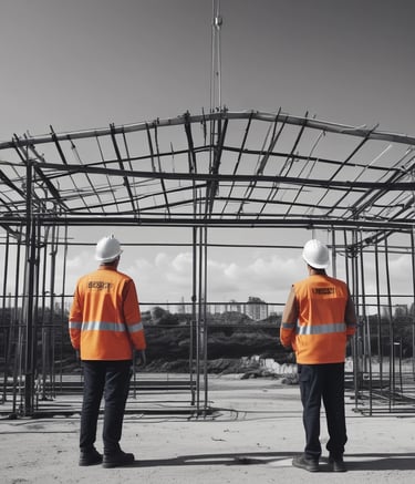 Modern minimalist prefab house exterior with metal structure under clear blue sky.