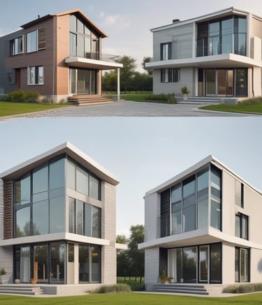 Side view of a sleek prefab house with large panoramic windows.