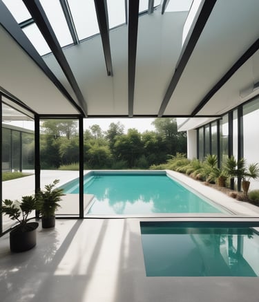 Modern minimalist prefab house exterior with metal structure under clear blue sky.