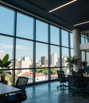 A wide angle shot of a futuristic but welcoming office interior in Brazil. Floor-to-ceiling windows show a sunny cityscape. The interior decor follows a palette of dark blue and cyan, with ergonomic furniture and green plants.