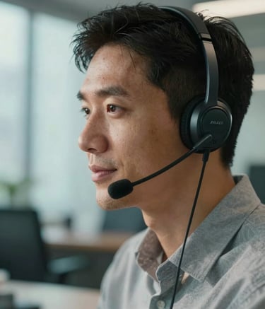 A close-up of a friendly South American professional wearing a high-quality wireless headset in a modern, sunlit office in Brazil. The atmosphere is professional and calm, with soft cyan and muted blue tones in the background bokeh.